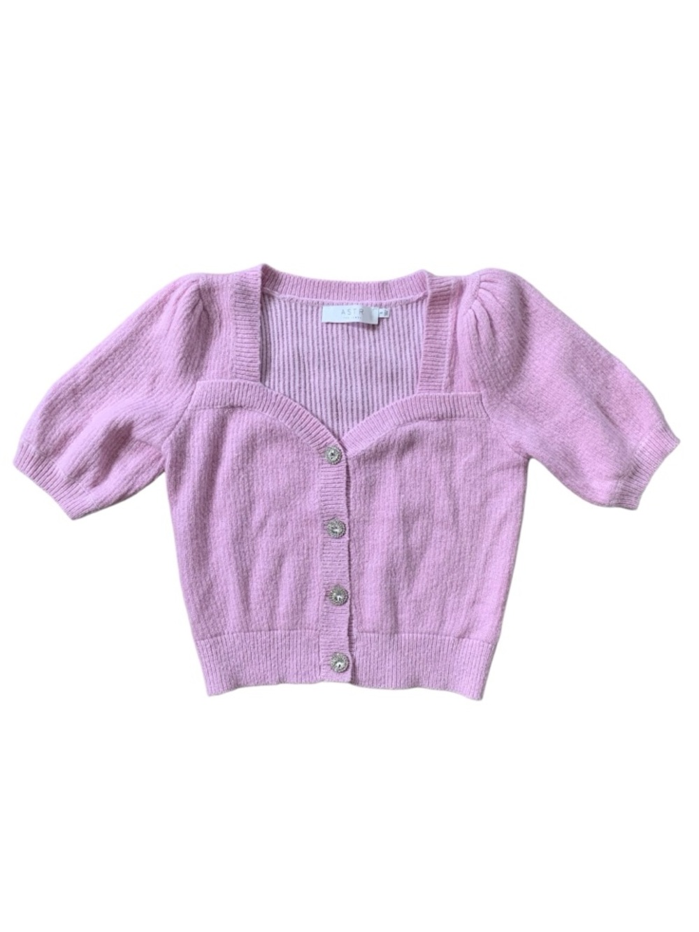 ASTR Pink Puff Sleeve Cardigan Jeweled Buttons Coquette Cottagecore Top S - Picture 2 of 5